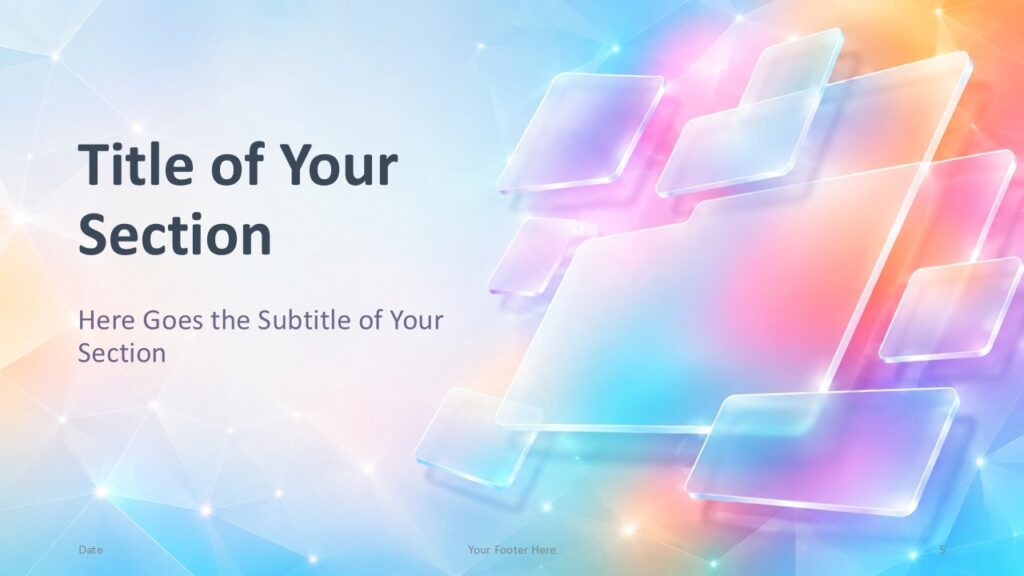 Iridescent Tiles Divider 2 | PowerPoint & Google Slides Iridescent Tiles section divider for PowerPoint and Google Slides with left-side text and luminous glass panels.