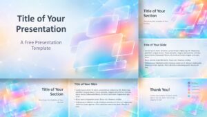 Iridescent Tiles template for PowerPoint and Google Slides showing all six layouts with colorful glassmorphism styling.