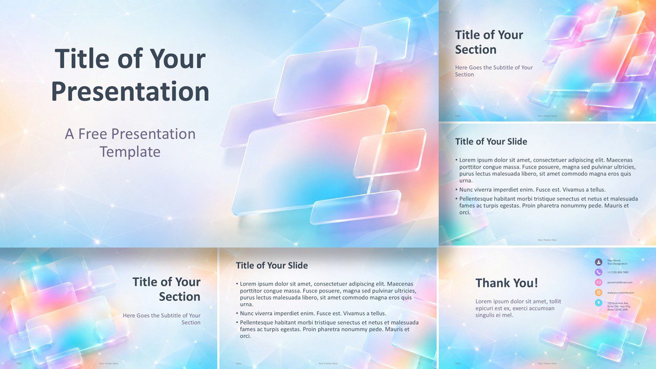 Iridescent Tiles template for PowerPoint and Google Slides showing all six layouts with colorful glassmorphism styling.