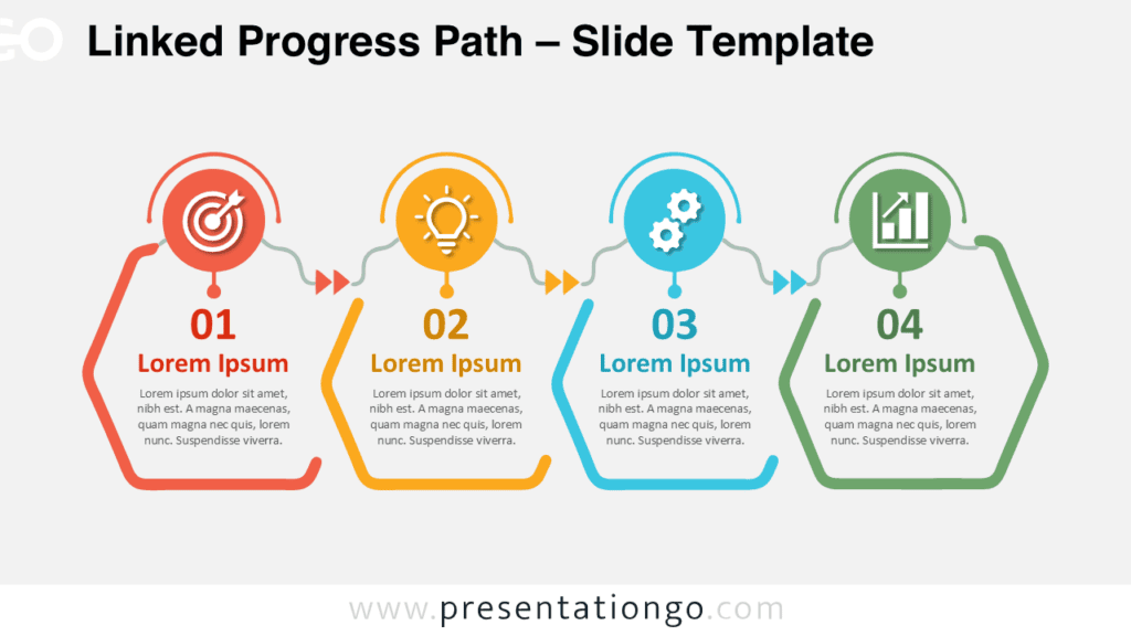 Linked Progress Path PowerPoint and Google Slides diagram with four connected steps, icons, arrows, and editable text areas.