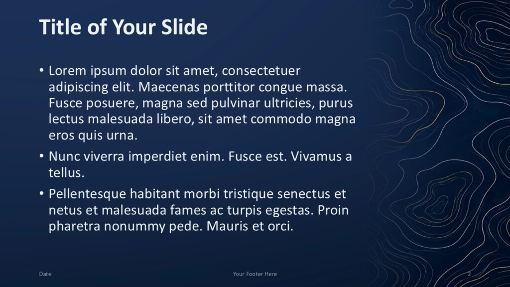 Navy Contours Content 1 | PowerPoint & Google Slides Navy Contours content slide for PowerPoint and Google Slides with left-aligned text and topographic lines on the right.