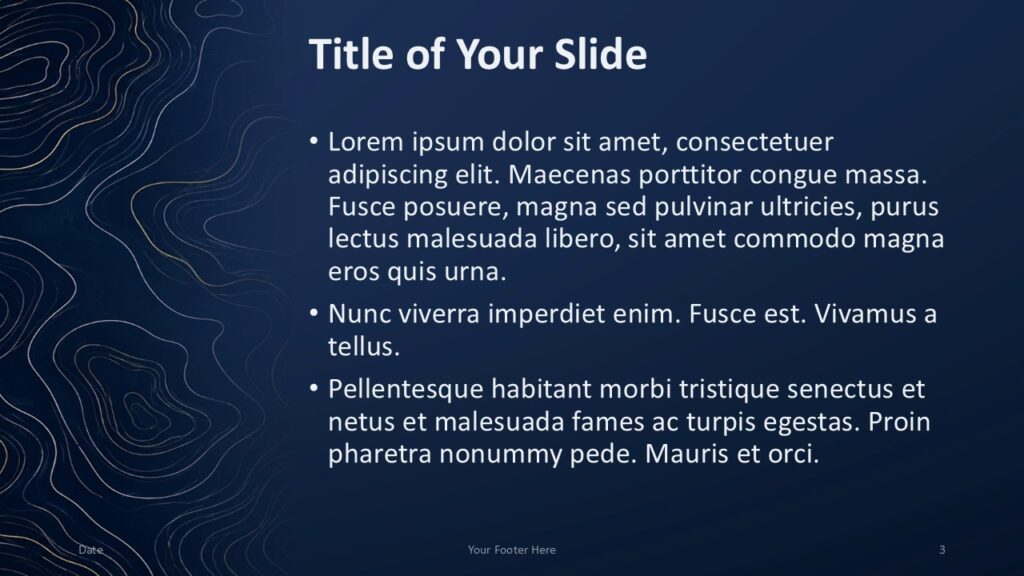 Navy Contours Content 2 | PowerPoint & Google Slides Navy Contours content slide for PowerPoint and Google Slides with right-aligned text and contour lines on the left.