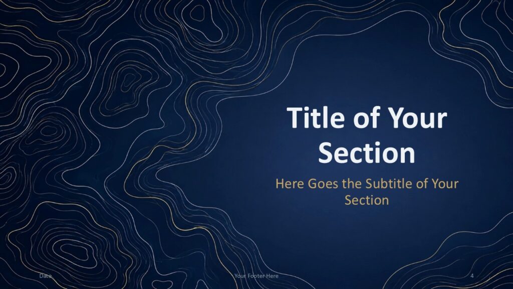 Navy Contours Divider 1 | PowerPoint & Google Slides Navy Contours section divider for PowerPoint and Google Slides with flowing map lines and a clean title area for transitions.