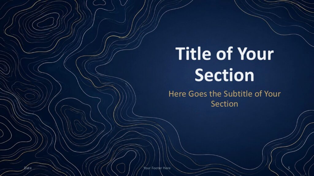 Navy Contours Divider 2 | PowerPoint & Google Slides Navy Contours section divider for PowerPoint and Google Slides with layered contour lines framing a spacious title area.