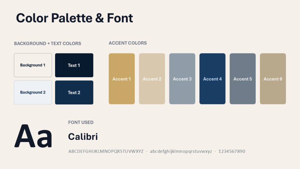 Navy Contours Palette | PowerPoint & Google Slides Navy Contours palette and font slide for PowerPoint and Google Slides with accent colors and Calibri typography reference.