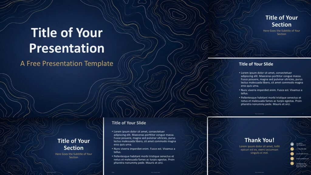 Navy Contours template for PowerPoint and Google Slides showing all six editable slides with elegant topographic line art.