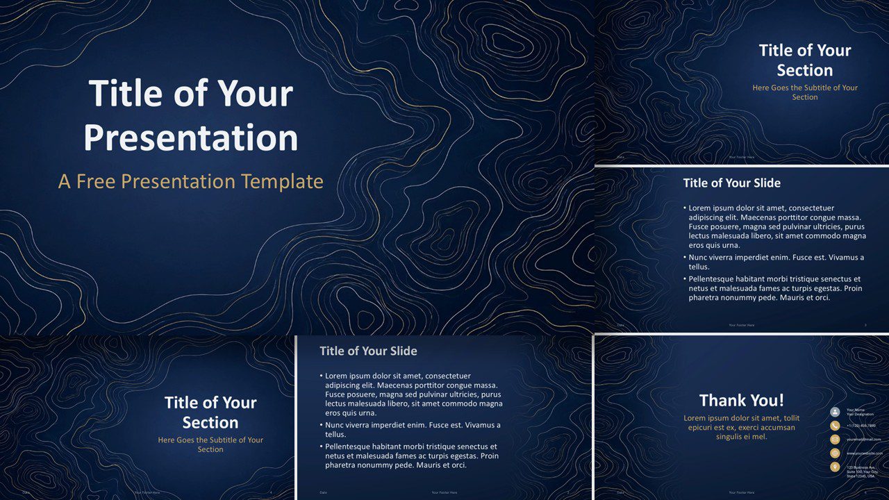 Navy Contours template for PowerPoint and Google Slides showing all six editable slides with elegant topographic line art.