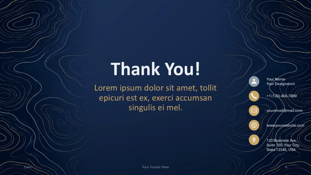 Navy Contours Thank You | PowerPoint & Google Slides Navy Contours thank you slide for PowerPoint and Google Slides with a centered message and organized contact details.