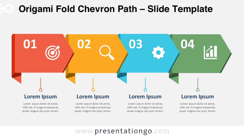 Origami Fold Chevron Path for PowerPoint and Google Slides showing four connected steps with editable icons and text.