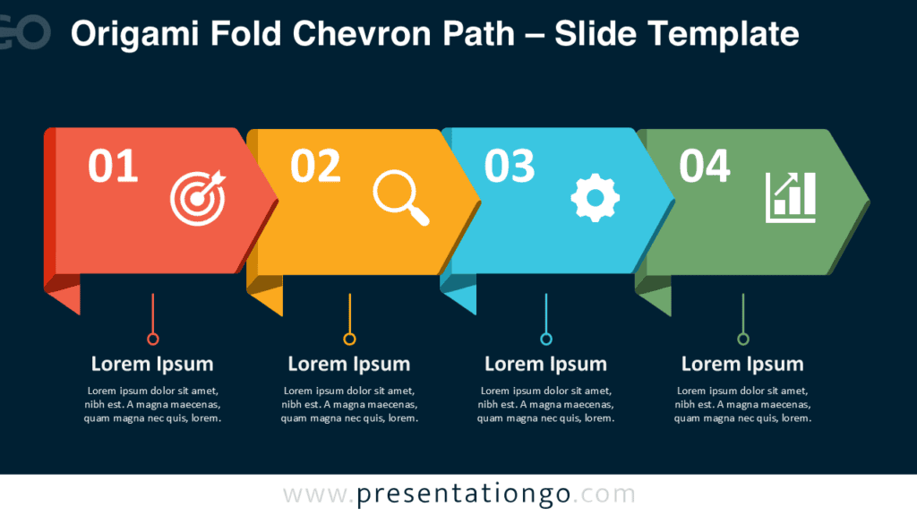 Origami Fold Chevron Path PowerPoint & Google Slides Origami Fold Chevron Path PowerPoint diagram for Google Slides with four sequential chevrons, editable icons, and text areas.