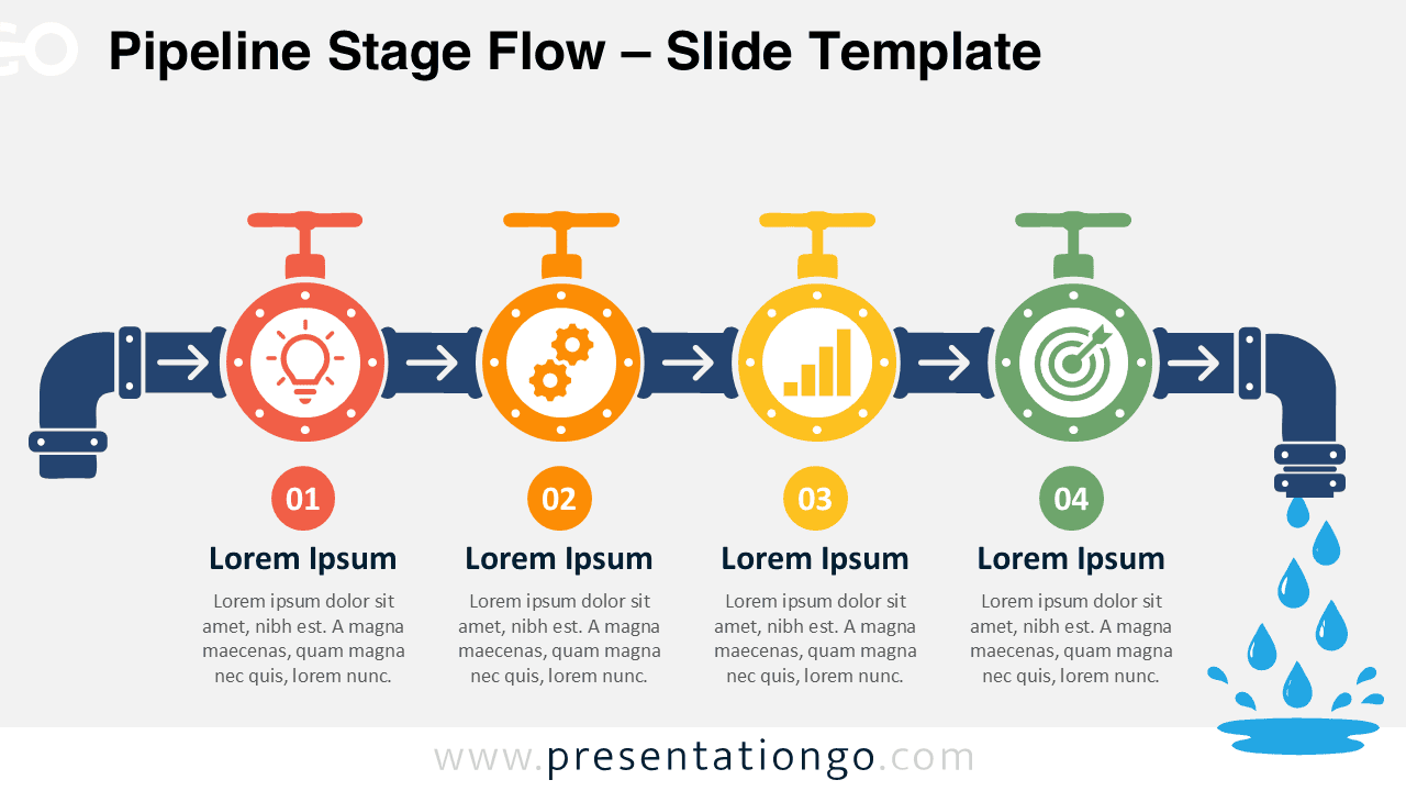 Pipeline Stage Flow PowerPoint diagram with four editable checkpoints, directional arrows, labels, and Office icons.
