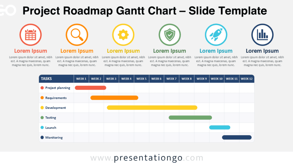 Project Roadmap Gantt Chart for PowerPoint and Google Slides with six project phases, icons, tasks, and a 12-week schedule.