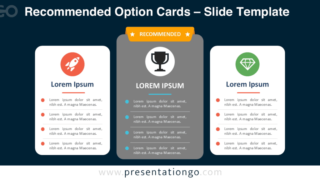 Recommended Option Cards Dark Theme for PowerPoint Recommended Option Cards PowerPoint diagram with three comparison cards on a dark theme, editable for Google Slides.