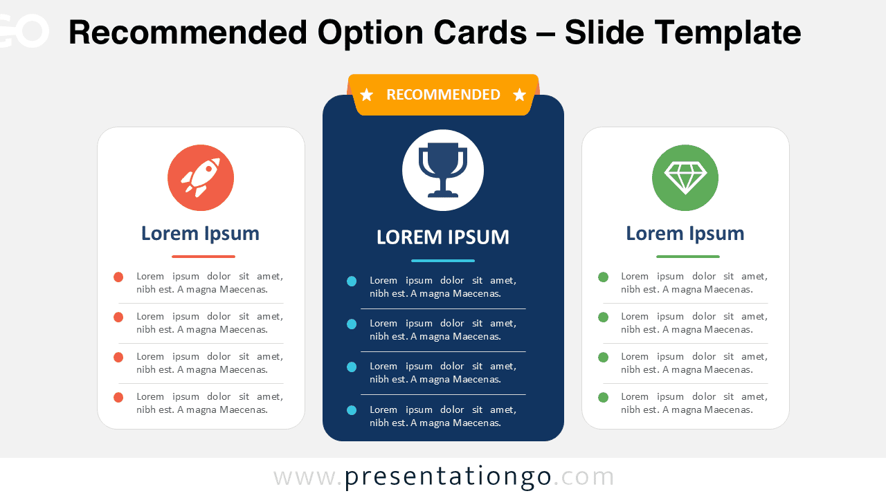 Recommended Option Cards PowerPoint diagram with three comparison cards and a highlighted center choice for Google Slides.