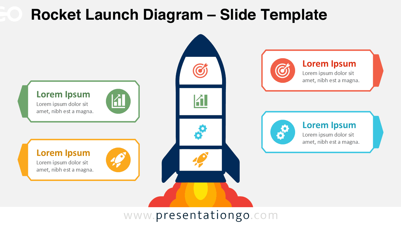 Rocket Launch Diagram for PowerPoint and Google Slides with a central rocket, four callouts, and editable icon placeholders.
