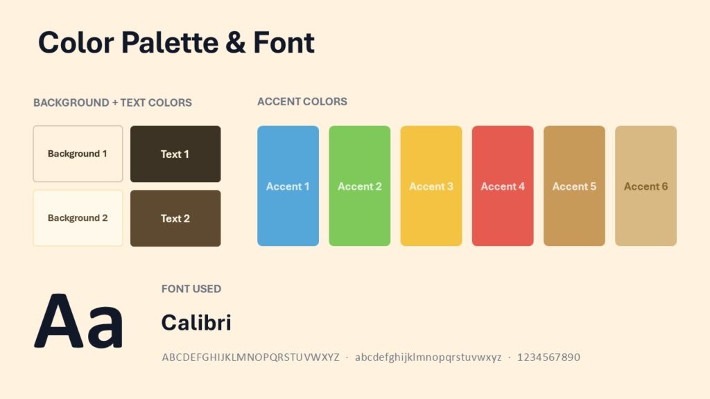 School Day Colors | PowerPoint & Google Slides School Day PowerPoint and Google Slides template palette showing six school-inspired accent colors and the Calibri font family.