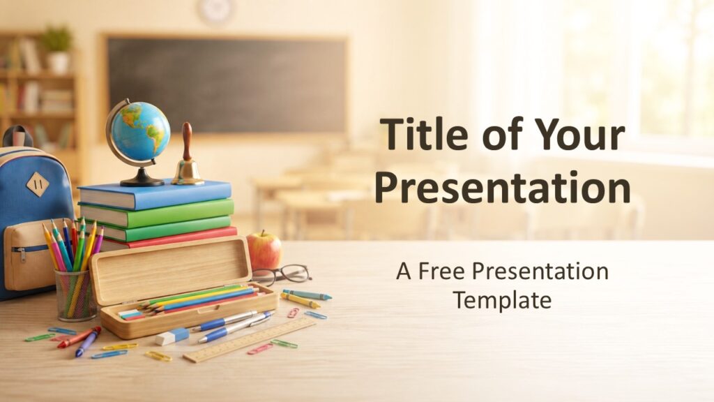 School Day Cover | PowerPoint & Google Slides School Day cover slide for PowerPoint and Google Slides with classroom supplies, warm tones, and clear title placement.
