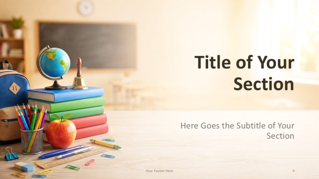 School Day Divider | PowerPoint & Google Slides School Day section divider for PowerPoint and Google Slides with classroom objects on the left and generous title space on the right.