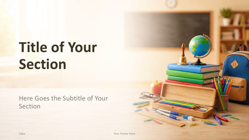 School Day Section | PowerPoint & Google Slides School Day section divider for PowerPoint and Google Slides with large title space on the left and school supplies on the right.
