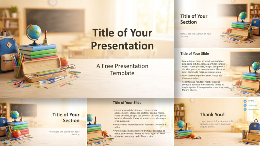 School Day PowerPoint and Google Slides template showing all six education slides with classroom imagery and colorful accents.