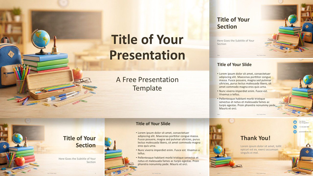 School Day PowerPoint and Google Slides template showing all six education slides with classroom imagery and colorful accents.