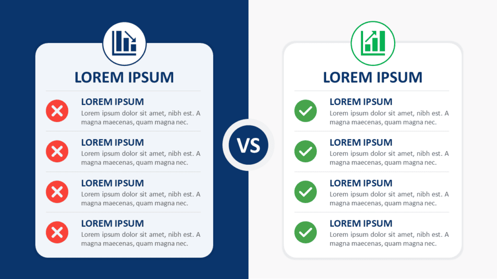 Split-Screen Comparison Cards for PowerPoint & Google Slides Split-Screen Comparison Cards for PowerPoint and Google Slides with four editable side-by-side comparison points and icons.