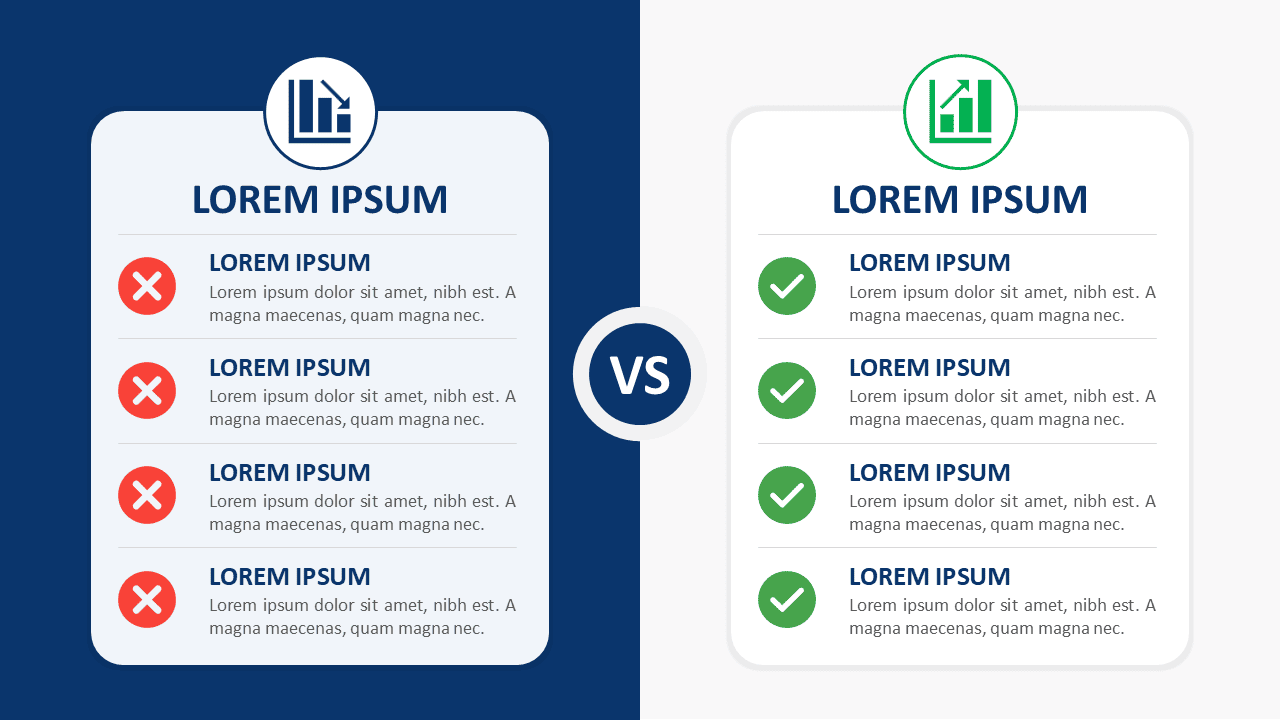 Split-Screen Comparison Cards for PowerPoint and Google Slides with four editable side-by-side comparison points and icons.