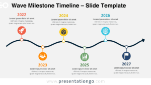 Wave Milestone Timeline for PowerPoint and Google Slides with six dated milestones, icons, text, and a flowing curved path.
