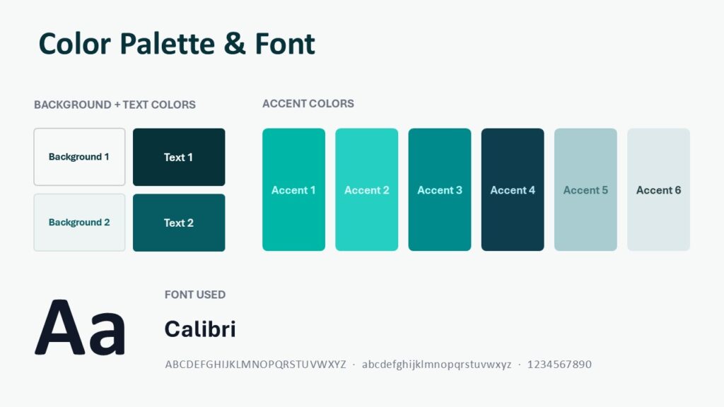 Abstract Teal Flow PowerPoint and Google Slides palette showing six teal accent colors with Calibri font reference.
