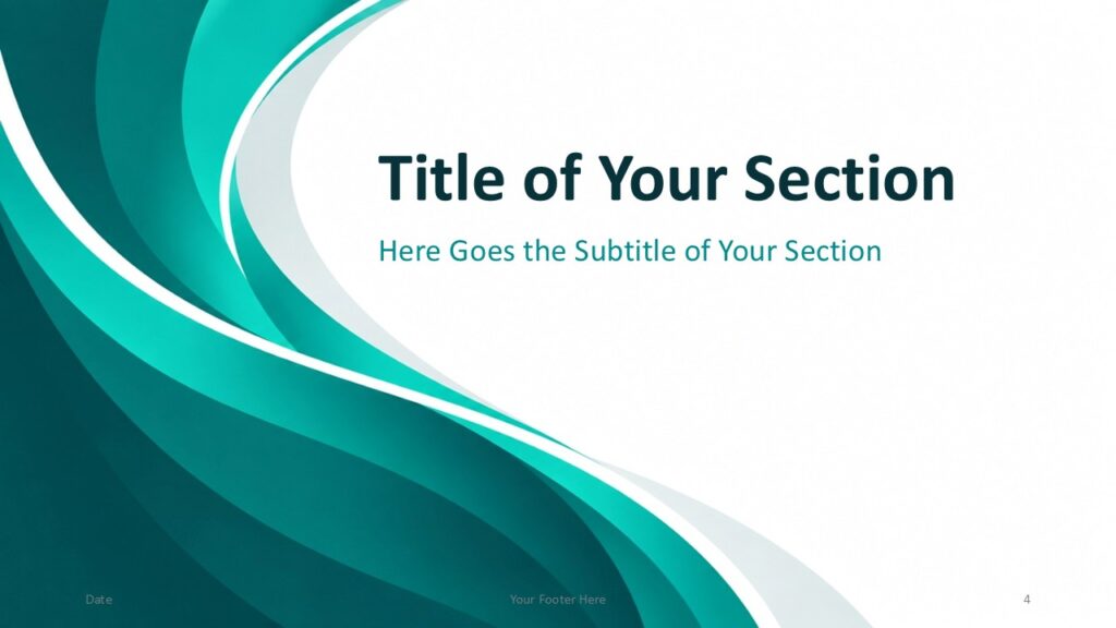 Abstract Teal Flow section divider for PowerPoint and Google Slides with layered teal curves and centered heading space.