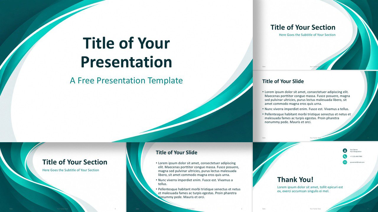Abstract Teal Flow template for PowerPoint and Google Slides showing all six slides with coordinated teal wave layouts.