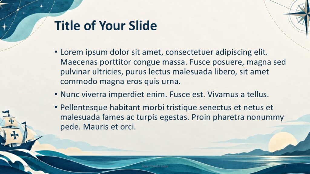 Columbus Voyage content slide for PowerPoint and Google Slides with editable text space, ocean waves, and a sailing ship.