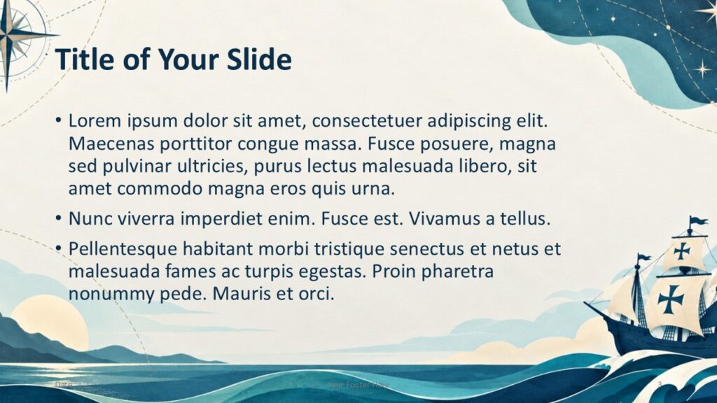 Columbus Voyage layout for PowerPoint and Google Slides with a large text area, nautical scenery, waves, and sailing ship.