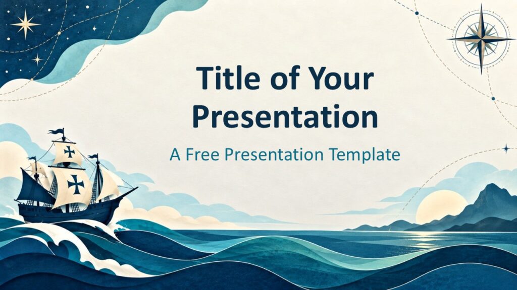 Columbus Voyage cover for PowerPoint and Google Slides with a sailing ship, ocean waves, compass art, and open title space.