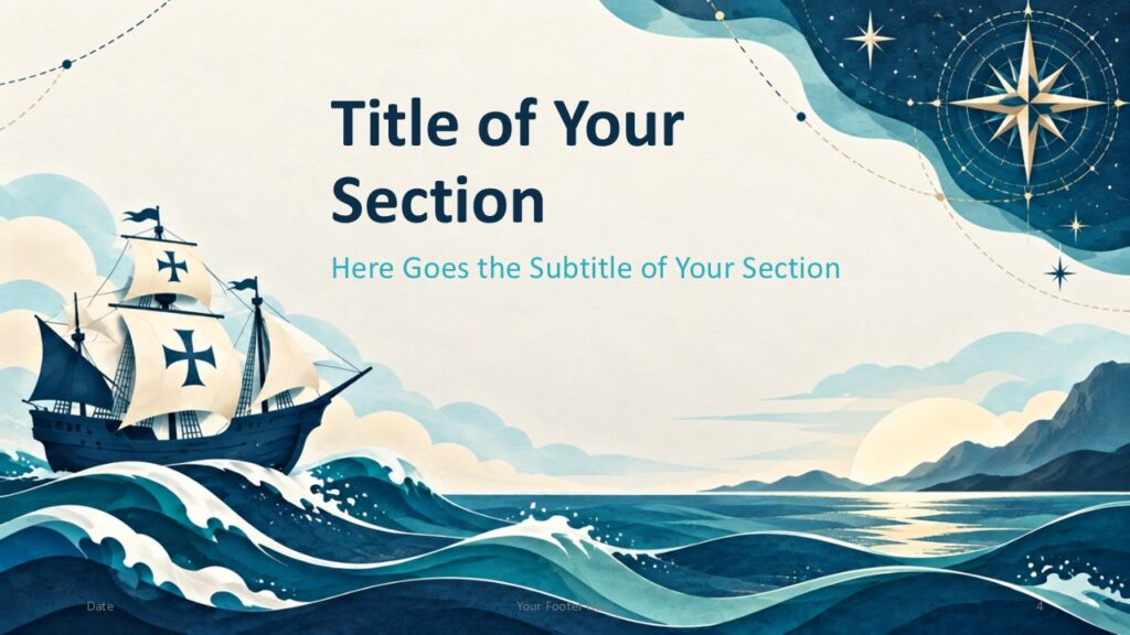 Columbus Voyage section divider for PowerPoint and Google Slides with a sailing ship, dramatic waves, and compass details.