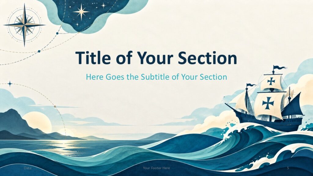 Columbus Voyage section slide for PowerPoint and Google Slides with ocean scenery, a sailing ship, and centered text space.