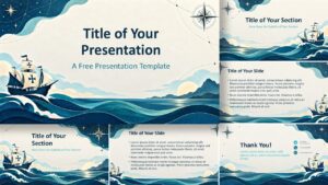 Columbus Voyage template for PowerPoint and Google Slides showing six nautical slides with ships, waves, and compass art.