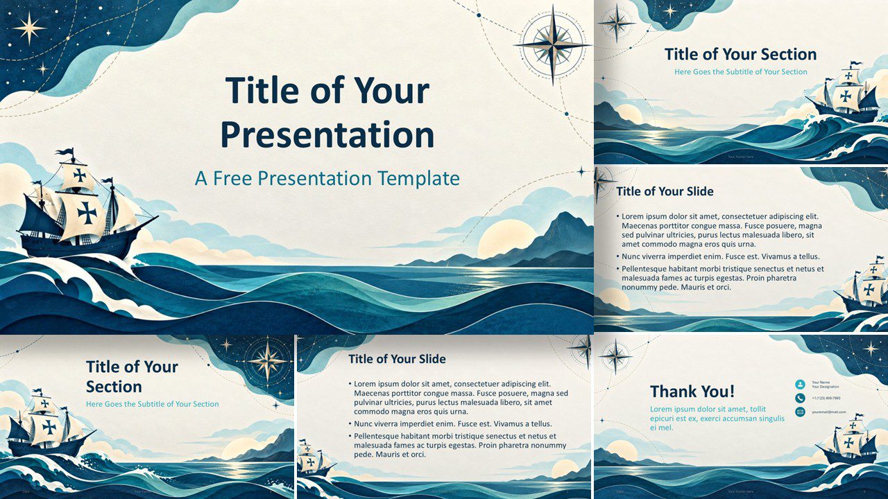 Columbus Voyage template for PowerPoint and Google Slides showing six nautical slides with ships, waves, and compass art.