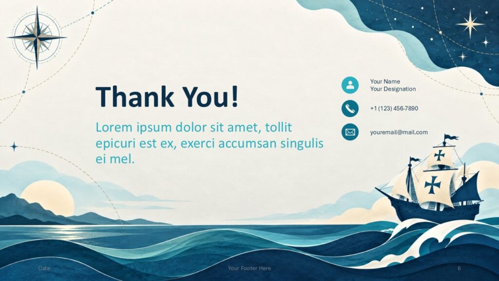Columbus Voyage thank you slide for PowerPoint and Google Slides with contact details, ocean waves, and nautical artwork.