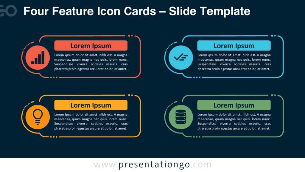 Four Feature Icon Cards for PowerPoint and Google Slides showing four editable content cards with icons, headings, and descriptions.