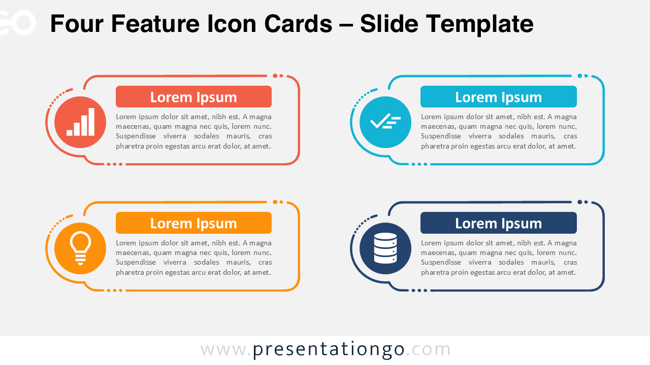 Four Feature Icon Cards diagram for PowerPoint and Google Slides with four editable icon-and-text cards for key ideas and features.