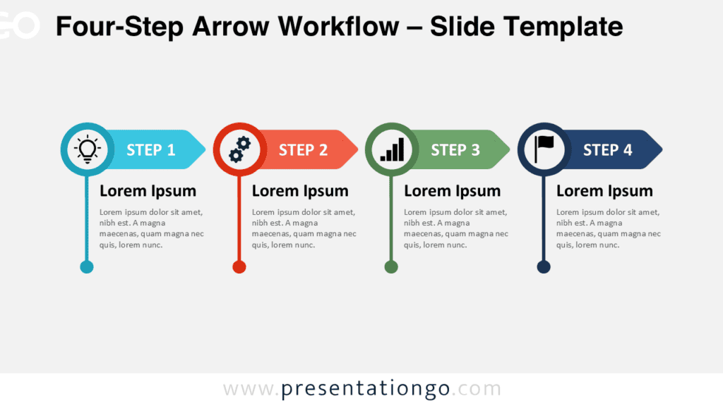 Four-Step Arrow Workflow PowerPoint & Google Slides Four-Step Arrow Workflow for PowerPoint and Google Slides with four editable arrow stages, icons, headings, and text.