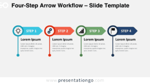 Four-Step Arrow Workflow for PowerPoint and Google Slides with four editable arrow stages, icons, headings, and text.