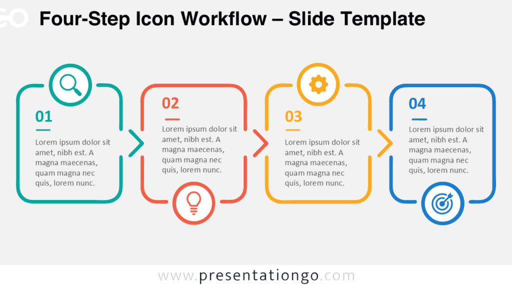 Four-Step Icon Workflow for PowerPoint and Google Slides showing four connected stages with editable icons and text.