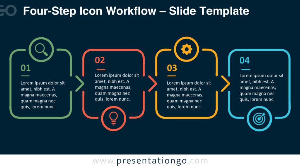 Four-Step Icon Workflow for PowerPoint and Google Slides with four connected stages, editable icons, arrows, and text.