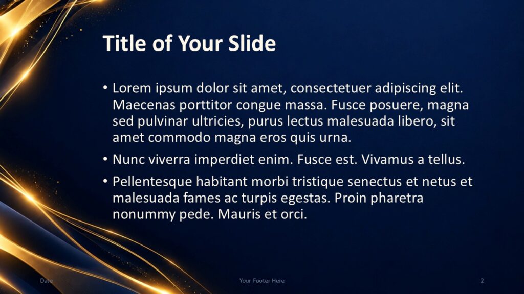 Golden Light Prestige PowerPoint and Google Slides template with a title and bullet layout framed by glowing gold waves.