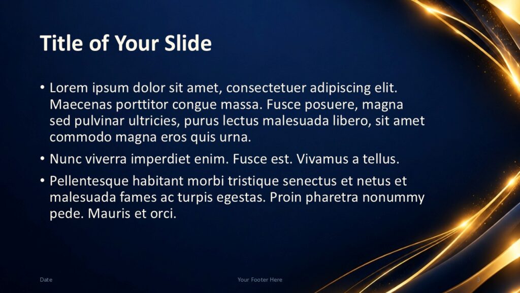 Golden Light Prestige PowerPoint and Google Slides template with a title and bullet layout accented by gold waves on right.