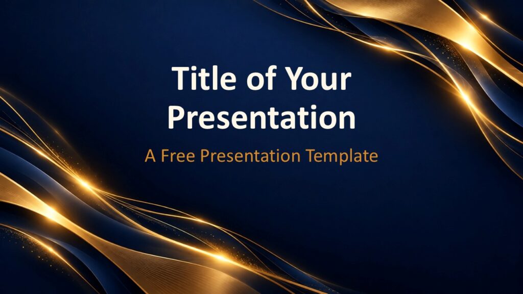 Golden Light Prestige cover slide for PowerPoint and Google Slides template with cream title and glowing gold wave design.