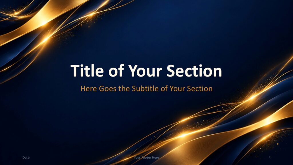 Golden Light Prestige PowerPoint and Google Slides template section divider with title and sweeping gold wave accents.