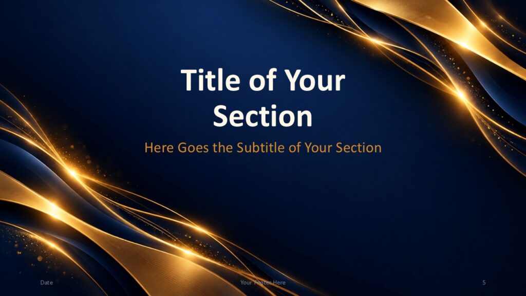 Golden Light Prestige PowerPoint and Google Slides template section divider with stacked title and luminous gold wave accents
